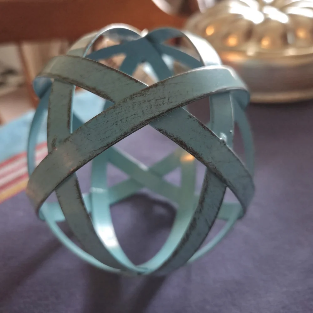 Blue Metal Banded Sphere Home Decor Patio Indoor Outdoor
